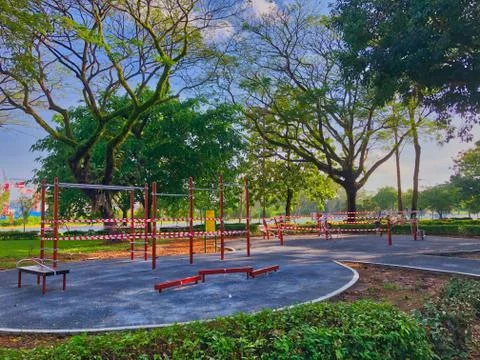 Closing of exercise facilities in the park during COVID-19 crisis. Stock Photos