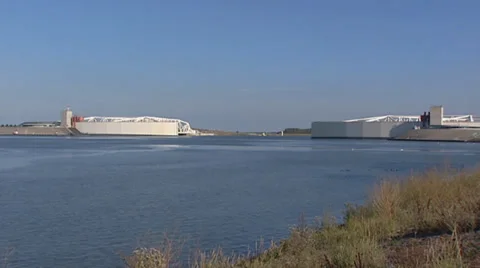 Closing procedure phase 3/9  of the Maeslant Storm Surge Barrier, Dutch Delta Stock Footage 35396866