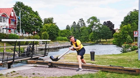 Closing sluice gate Stock Footage 94954287
