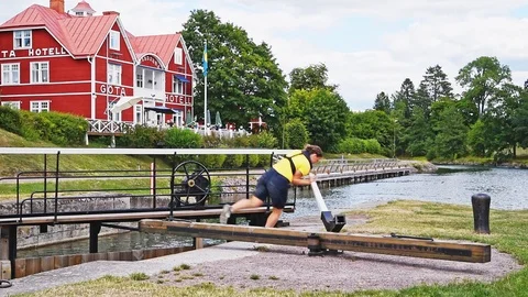 Closing sluice gate Stock Footage 95102777