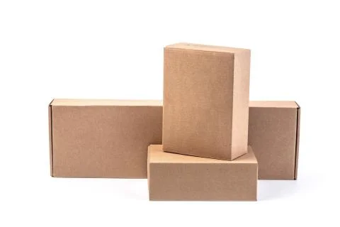 Closing a stack of cardboard boxes on a white background with clipping path 스톡 사진
