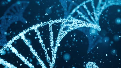 Closoe up helix structure, DNA strand in blue surrounded by fluid particles. Stock Footage 279229495