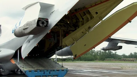 Closure of cargo doors in tail section of aircraft IL-78.  Close-up. Stock Footage 108430243