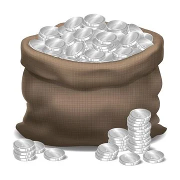 Cloth bag full of silver coins. Vector illustration. Stock Illustration