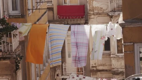 Clothes are drying in stanbul, turkey street, Colorful Laundry Pieces Gracefully Video stock 284148487