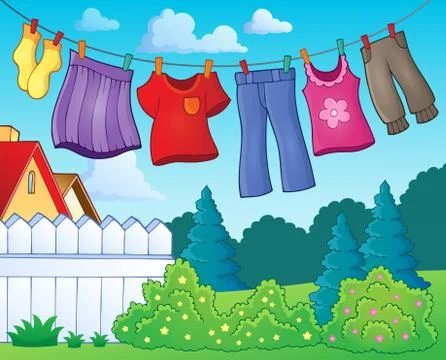 Clothes on clothing line theme image - eps10 vector illustration. Stock Illustration