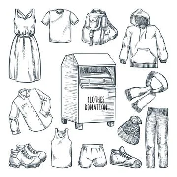 Clothes donation design elements. Vector hand drawn sketch illustration. Box Illustrazione stock