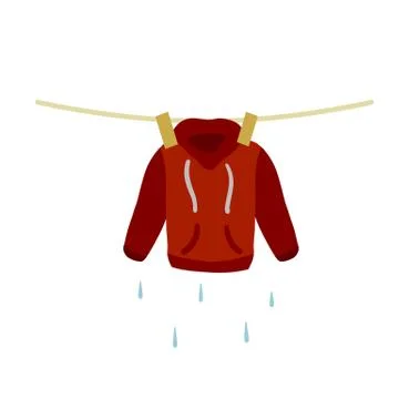 Clothes dried on rope. Laundry and home cleaning. Wet red jacket Stock Illustration