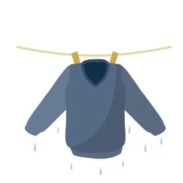 Clothes dried on rope. Laundry and home cleaning. Wet blue jacket. Stock Illustration