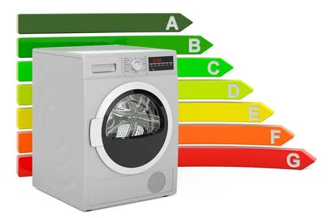 Clothes dryer with energy efficiency chart, 3D rendering Stockillustratie