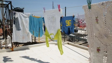 Clothes Drying on the Line of A Terrace Stock-Footage 87040893
