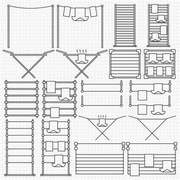 Clothes drying racks. Linear outline icons set. Stands for dryer clothes.  Stock Illustration