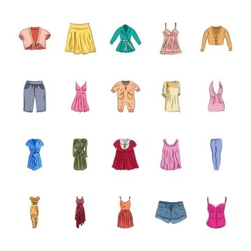 Clothes Hand Drawn Colored Vector Icons Stock Illustration