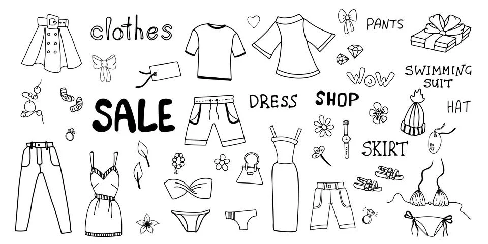 Clothes hand drawn doodle set. Apparel and accessories. Stock Illustration