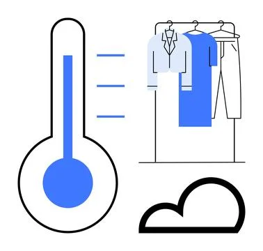 Clothes on hangers drying on a rack next to a thermometer and cloud icon. Ide Stock Illustration