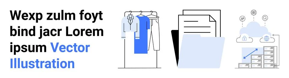 Clothes hanging on rack, documents filed in folders, cloud computing with dat Stock Illustration
