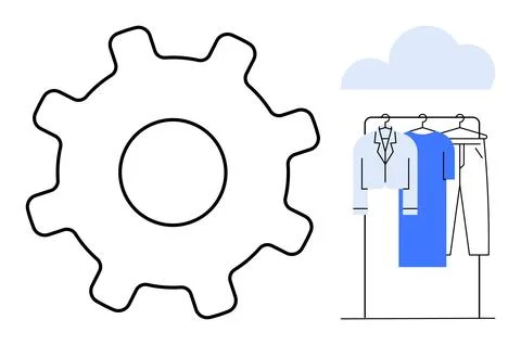 Clothes hanging on a rack with gear icon representing automation in fashion.. Stock Illustration