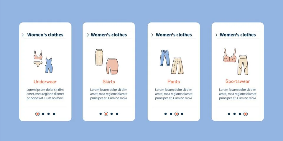 Clothes mobile app screens Ilustración de archivo