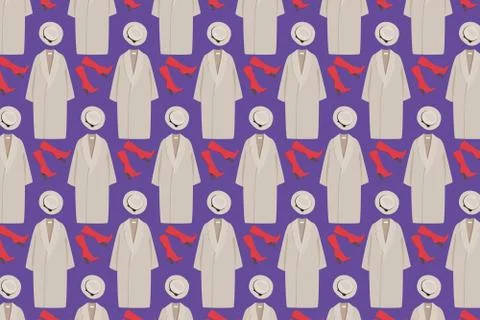 Clothes pattern. Coat, hat and boots on a violet background Stock Illustration