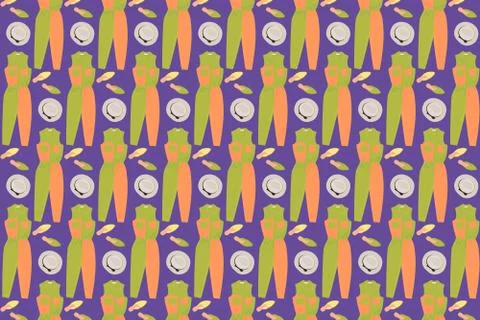 Clothes pattern. Hat, shoes and overalls on a violet background Stock Illustration