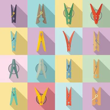 Clothes pins icons set, flat style Stock Illustration