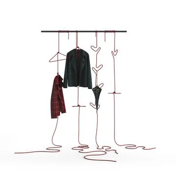 Clothes rack filled with jackets, draped with red strings, 3D rendered Stock Illustration