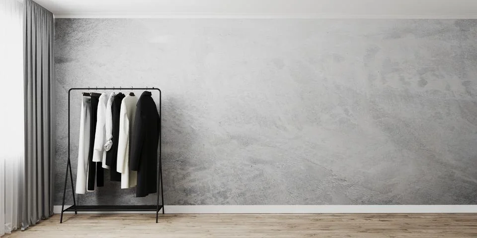 Clothes rack with gray empty wall near window with gray curtain, clothes stan Illustrazione stock