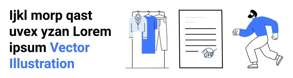 Clothes on a rack, signed document, and person running. Ideal for fashion, le Stock Illustration