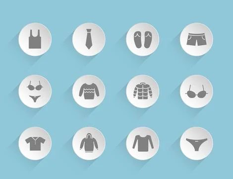 Clothes vector icons on round puffy paper circles Stock Illustration