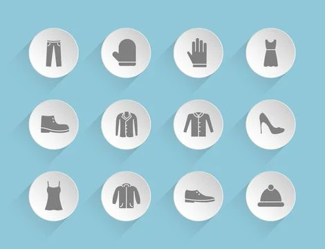 Clothes vector icons on round puffy paper circles Stock Illustration