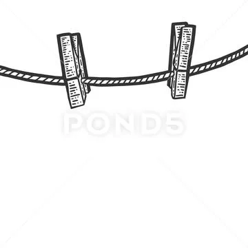Clothesline and two wooden clothespins. Engraving vector