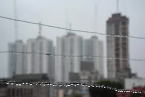 Clothesline cable full of small drops on a rainy day with a selective focus Foto stock