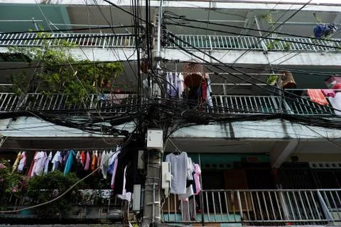 Clothesline at facade building Stock Photos