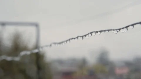 Clothesline wire full of small drops on a rainy day Stock Footage 125101493