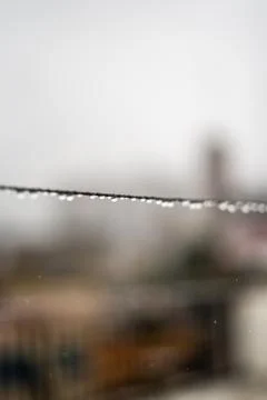 Clothesline wire full of small drops on a rainy day with a selective focus Stock Photos