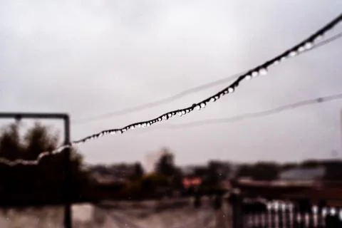 Clothesline wire full of small drops on a rainy day with a selective focus Stock Photos