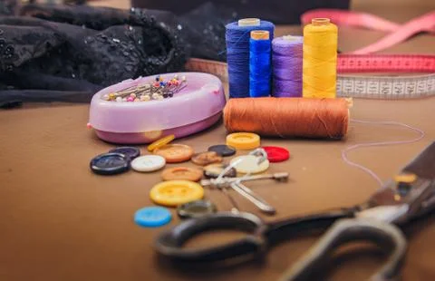 Clothing accessories,thread, scissors and measuring tape Stock Photos