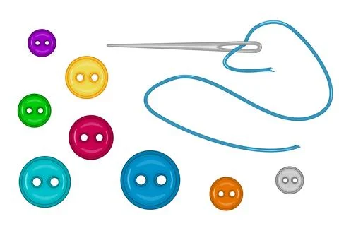 Clothing buttons and needle with thread isolated on white background. Stock Illustration