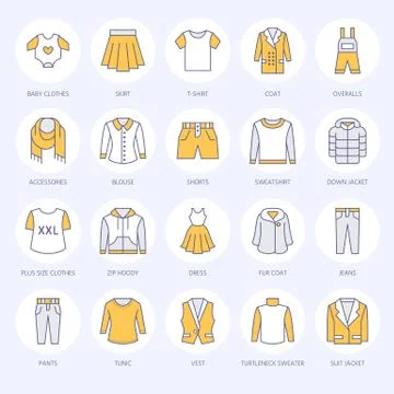 Clothing, fasion flat line icons. Mens, womens apparel - dress, down jacket Stock Illustration