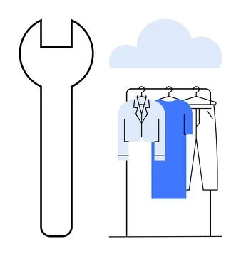 Clothing items on a rack next to a large wrench under a cloud icon displayi.. イラスト素材