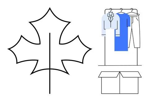 Clothing items on a rack, single-line leaf outline, and cardboard box signify Stock Illustration