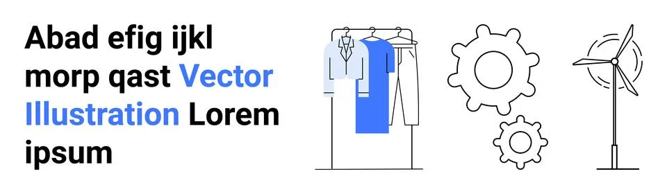 Clothing rack with hanging clothes, interlocking gears, and a wind turbine. I Stock Illustration