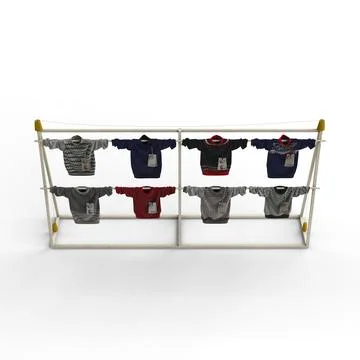 Clothing rack with multiple sweaters hanging from it on a white background, 3D r Illustrazione stock