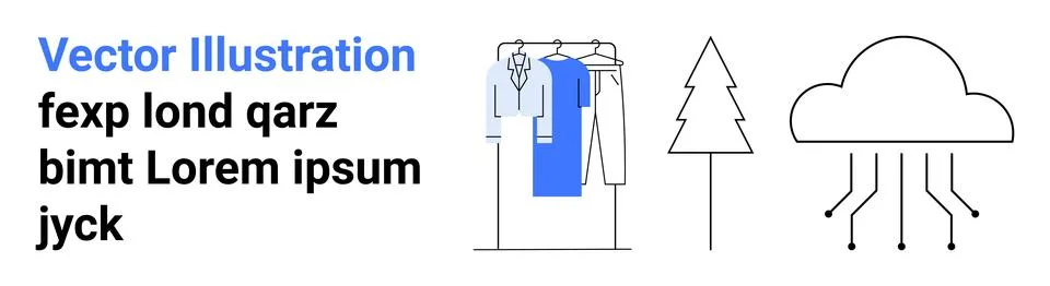Clothing on rack, tree icon, cloud storage symbol with circuit lines, and tex Stock Illustration