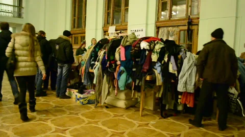 Clothing second-hand for protesters,Kiev State City Administration,Kiev,Ukraine. Video stock 35903045