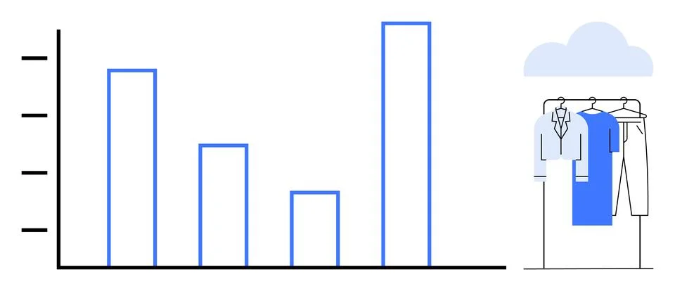Clothing store analytics with bar graph and clothes on rack under cloud Stock Illustration