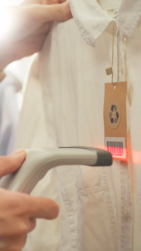 In a clothing store a manager points a red-laser barcode scanner at apparel Stock Footage 338200517