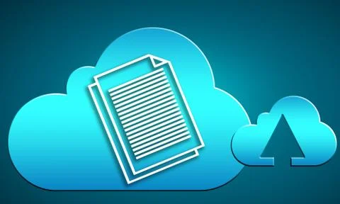 Cloub computing with blue cloud icon and white line text document Stock Illustration