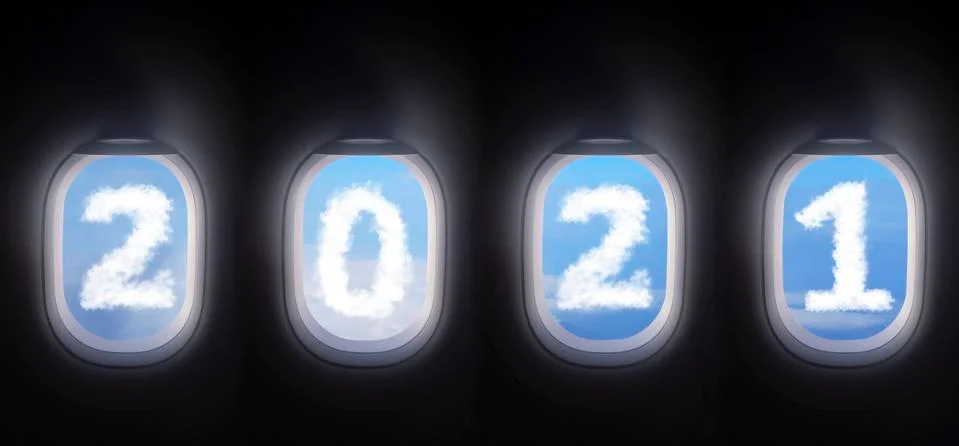 Cloud 2021 outside four shutter wide airplane window, with blue sky view Stock Illustration