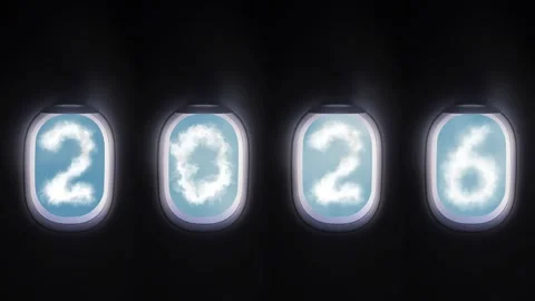 Cloud 2026 shape, outside four airplane windows Stock Footage 321740018